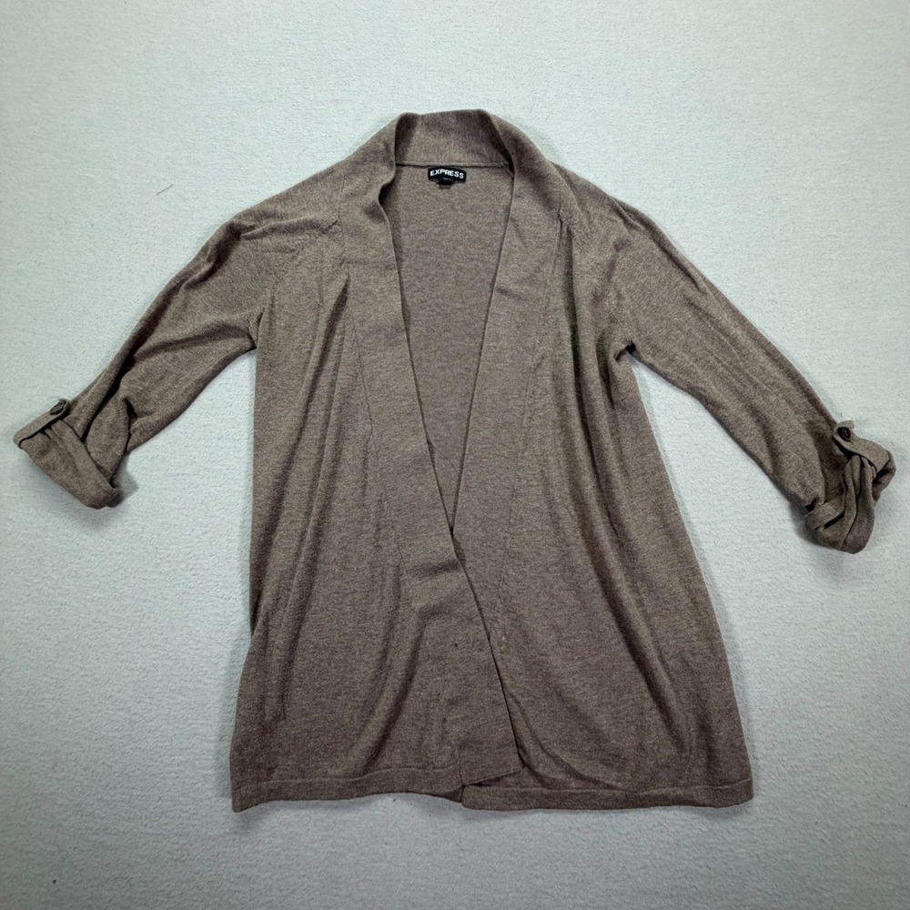 Express Cardigan‎ Women XS Good Brown Open Front Roll Tab Sleeve Cotton Sweater